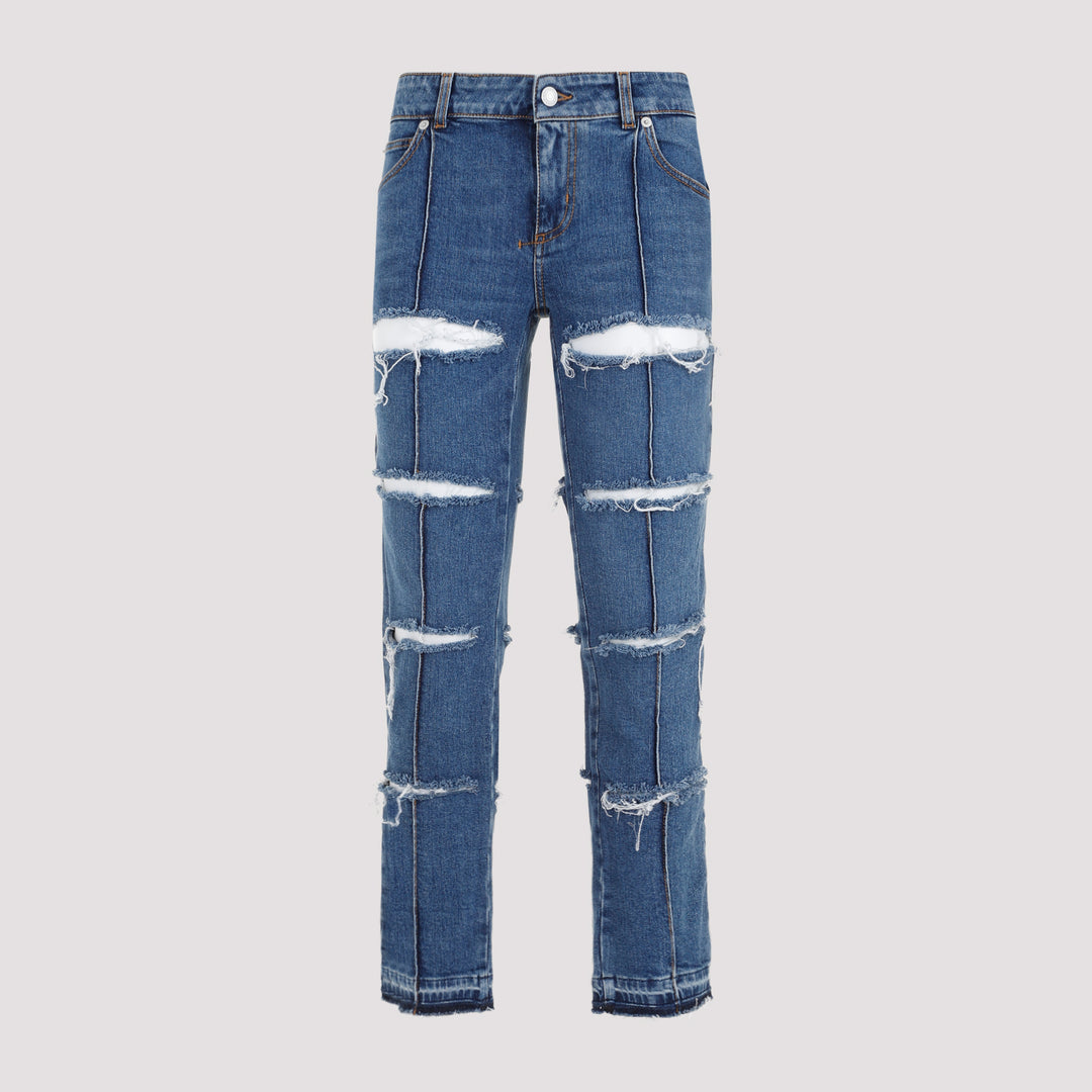 Blue Stone Wash Denim Cotton Pants-0