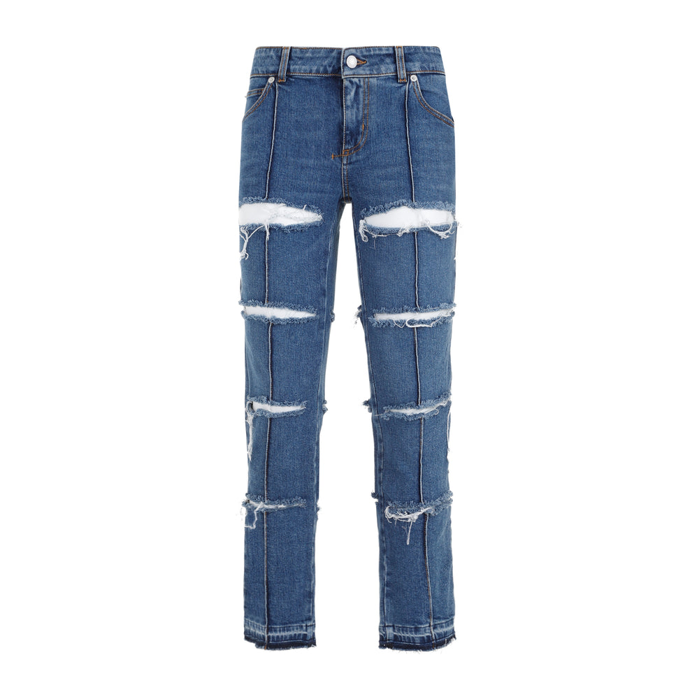 Blue Stone Wash Denim Cotton Pants-1