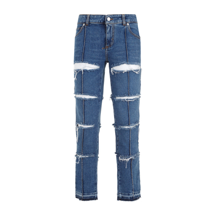 Blue Stone Wash Denim Cotton Pants-1