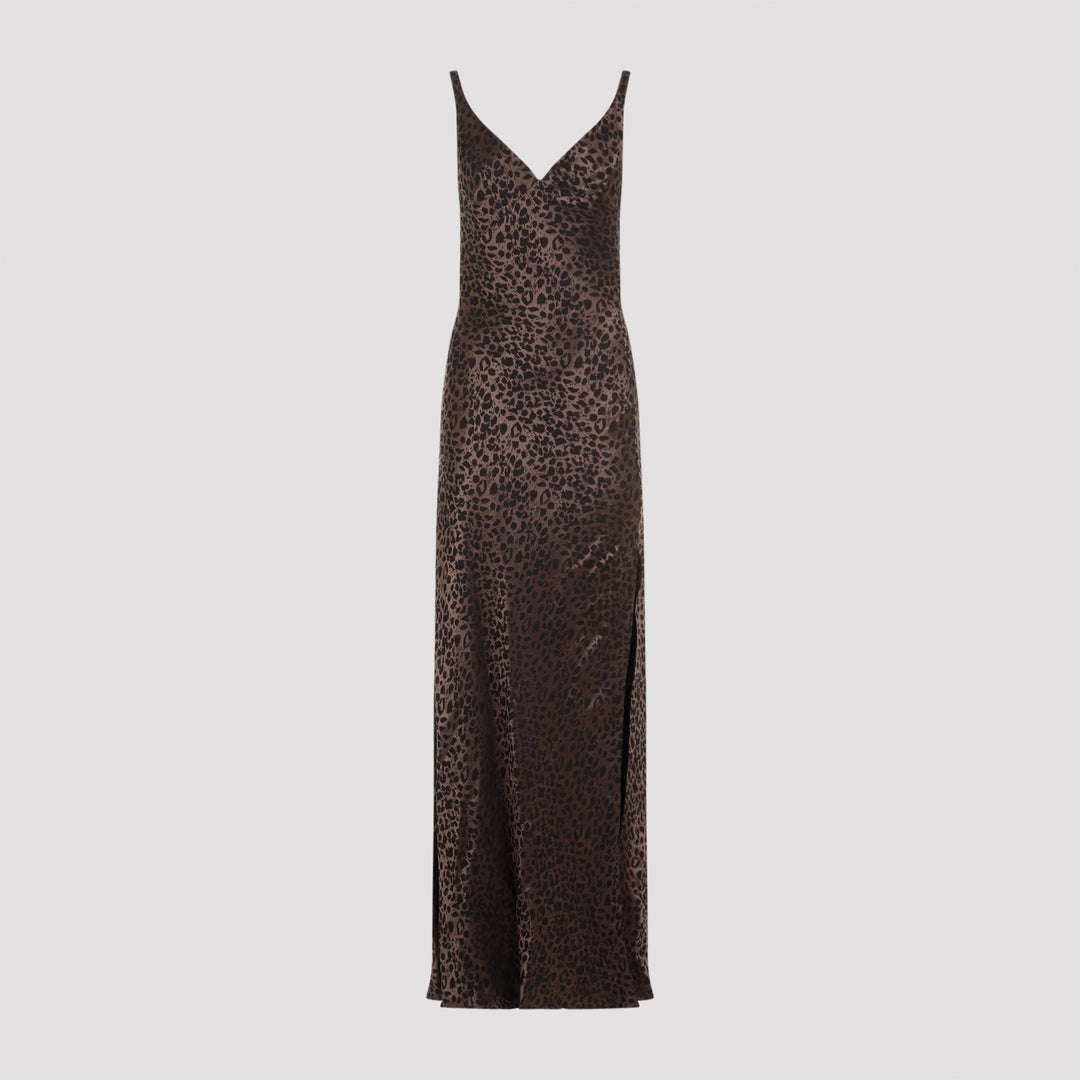 Brown Black Leopard Jacquard Viscose-Silk Long Dress-0