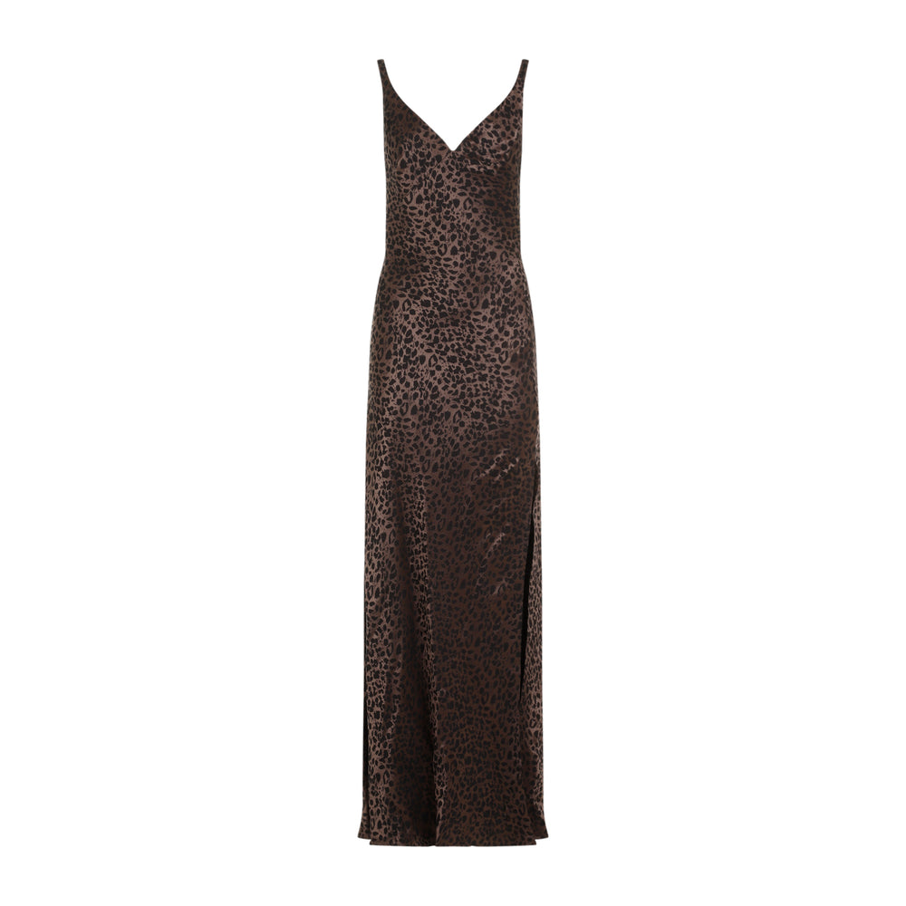 Brown Black Leopard Jacquard Viscose-Silk Long Dress-1