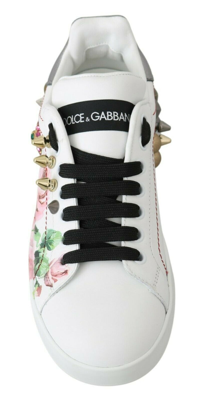 Floral Crystal-Embellished Leather Sneakers