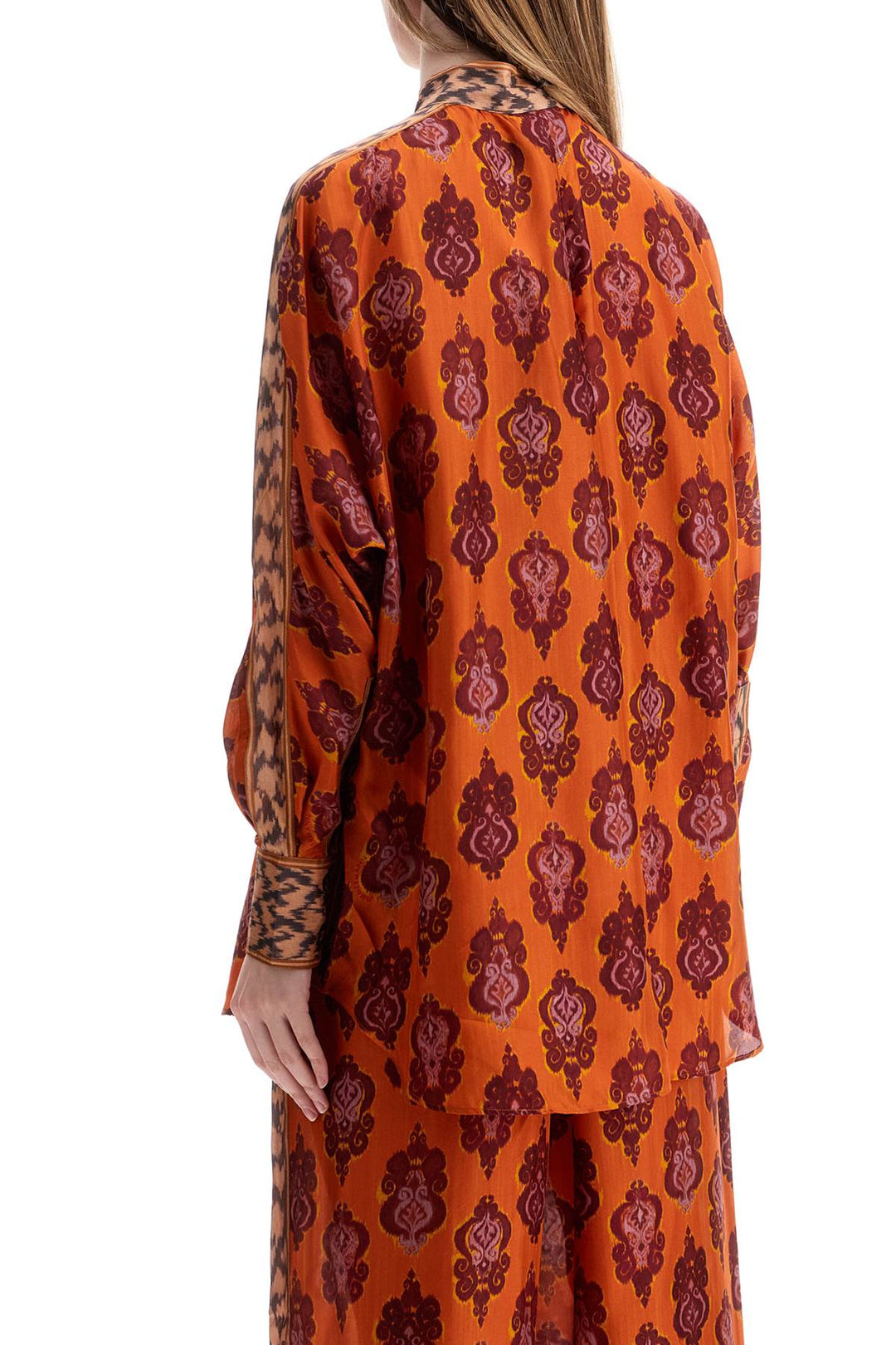 orange silk shirt ikat long sleeve loose fit-2