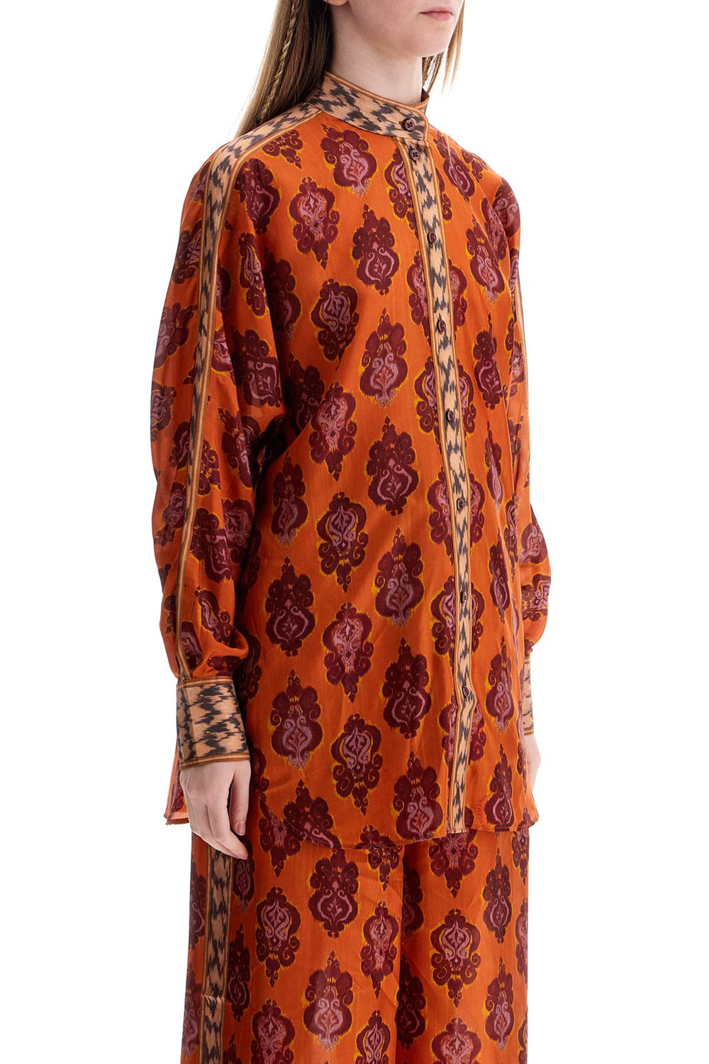 orange silk shirt ikat long sleeve loose fit-1