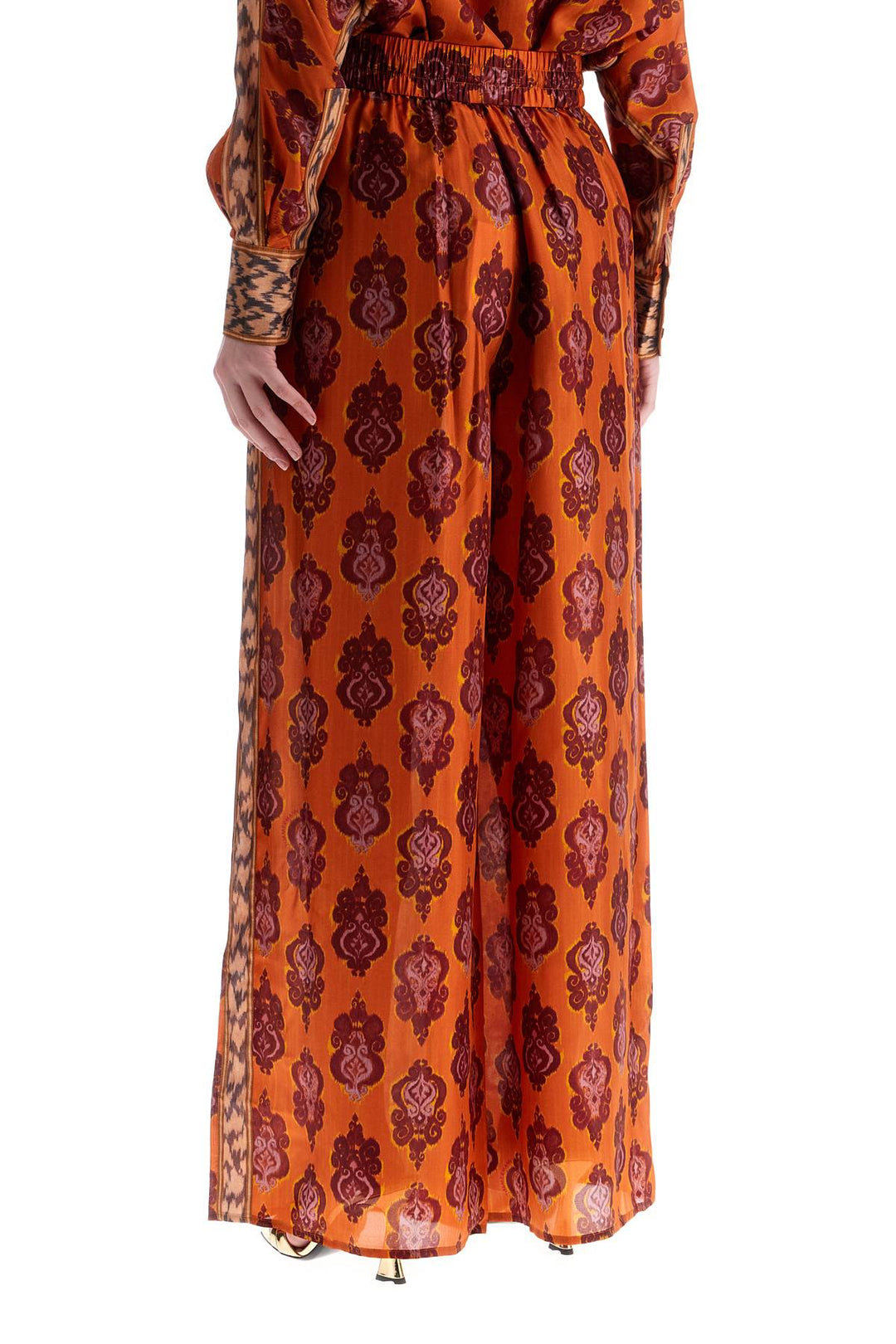 high waist wide leg ikat print silk pants orange-2