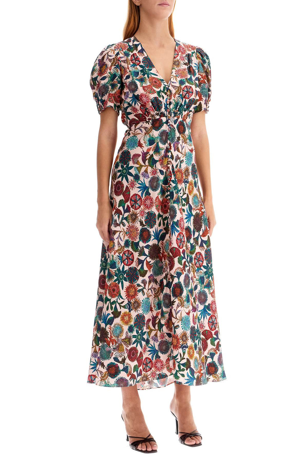 'lea' long dress in printed silk-1