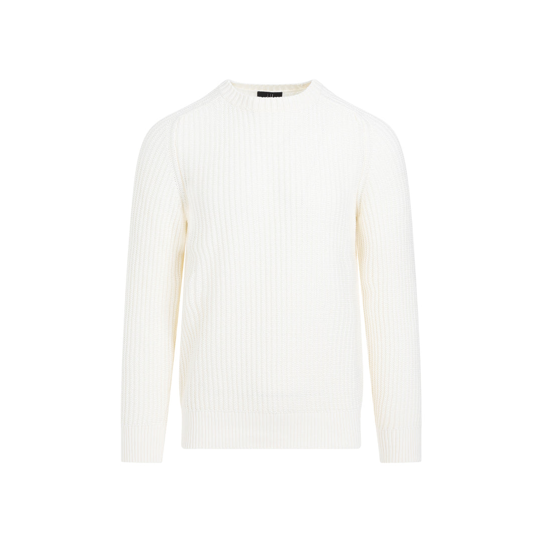 Off White Open Knit Crewneck Cotton Pullover-1