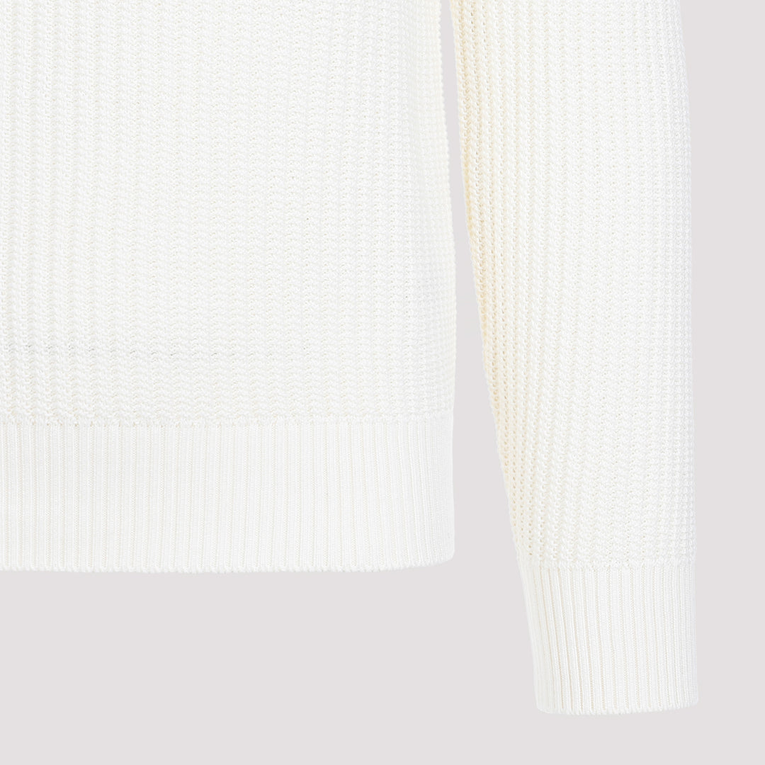 Off White Open Knit Crewneck Cotton Pullover-4