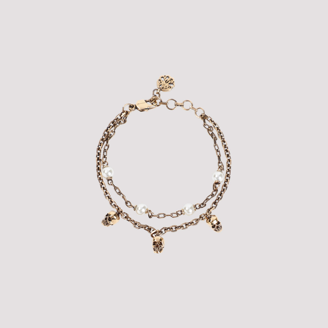 Antique Gold Brass Pearl And Skull Bracelet-0