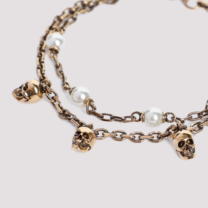 Antique Gold Brass Pearl And Skull Bracelet-3