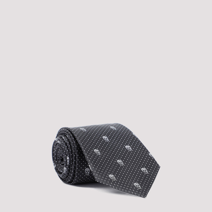 Black Silver Skull Polka Dots Silk Tie-0