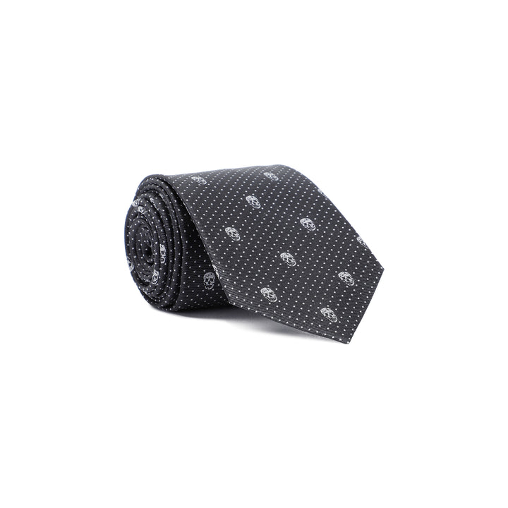 Black Silver Skull Polka Dots Silk Tie-1