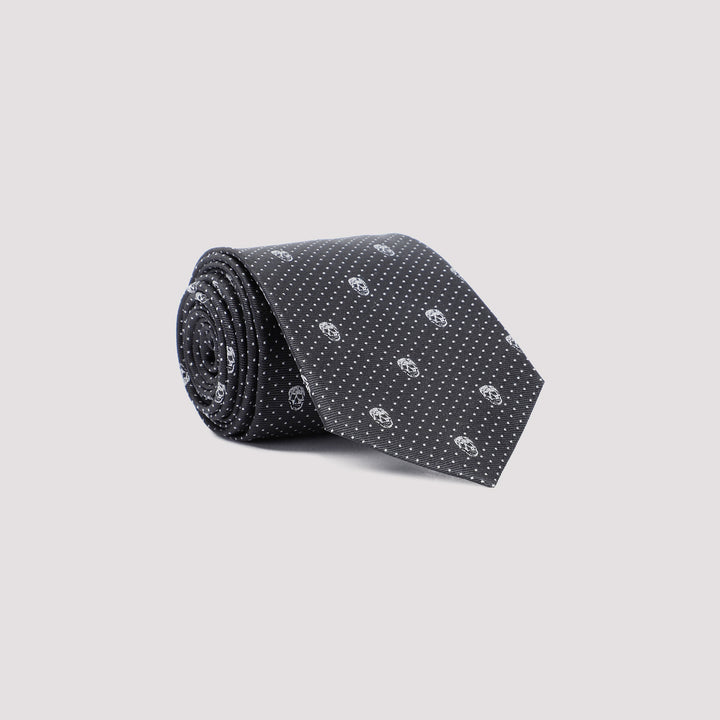 Black Silver Skull Polka Dots Silk Tie-2