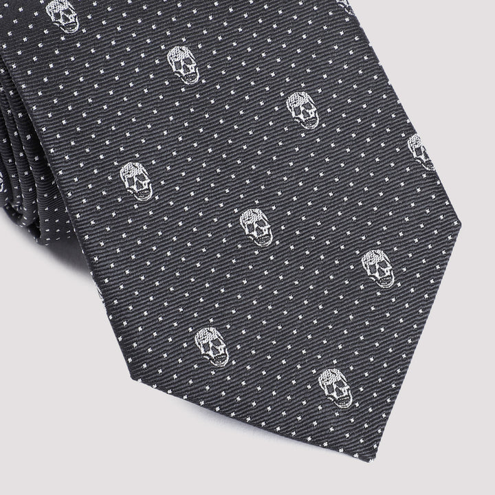 Black Silver Skull Polka Dots Silk Tie-3