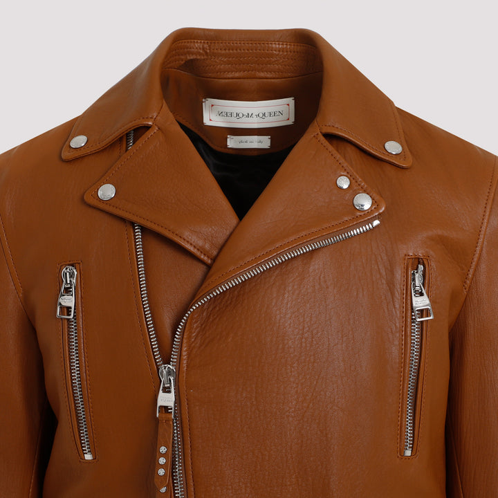 Brown Essential Leather Biker Jacket-4