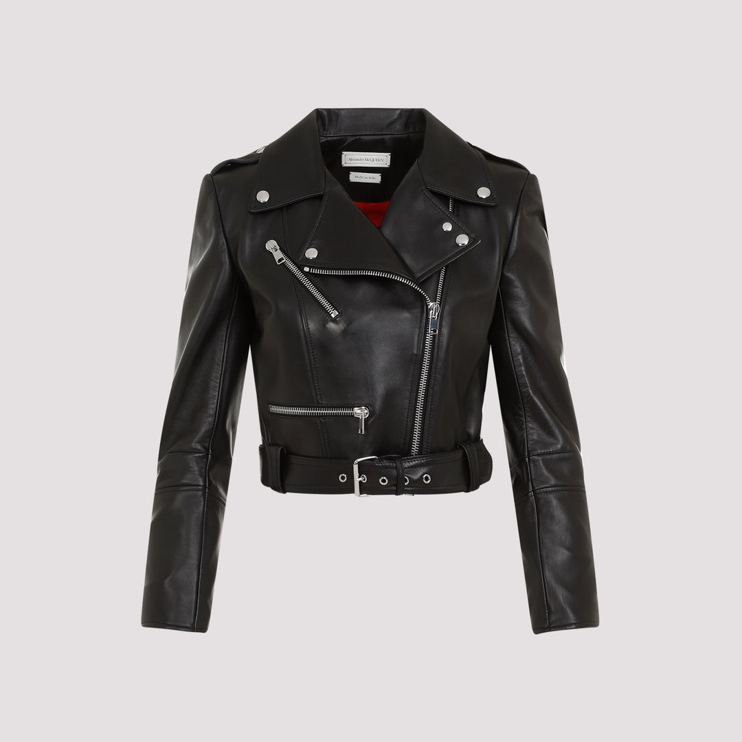 Black Leather Cropped Biker Jacket-0