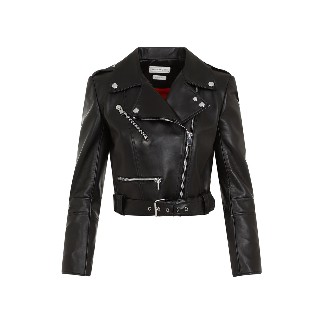 Black Leather Cropped Biker Jacket-1