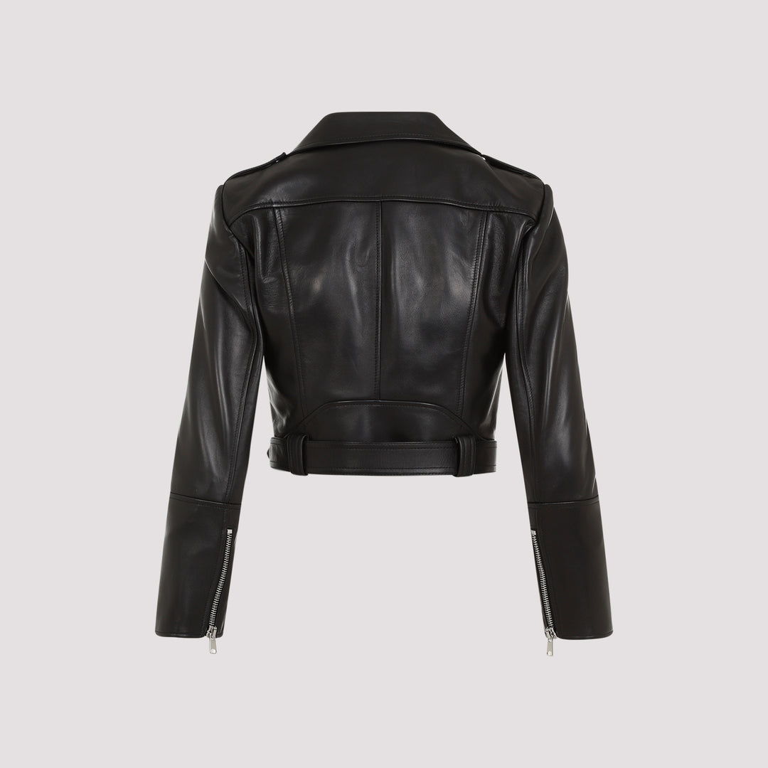 Black Leather Cropped Biker Jacket-3