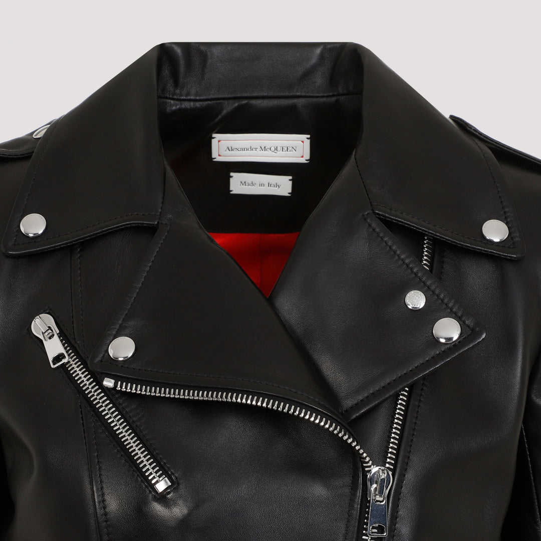 Black Leather Cropped Biker Jacket-4