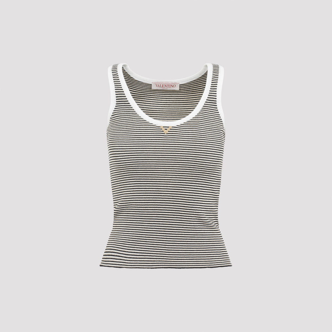 Ivory and Navy Blue Knit Cotton Tank Top-0