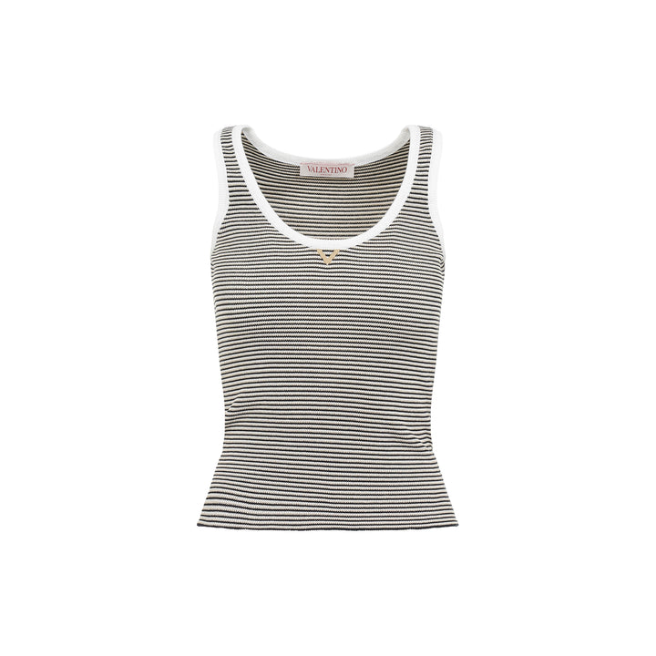 Ivory and Navy Blue Knit Cotton Tank Top-1