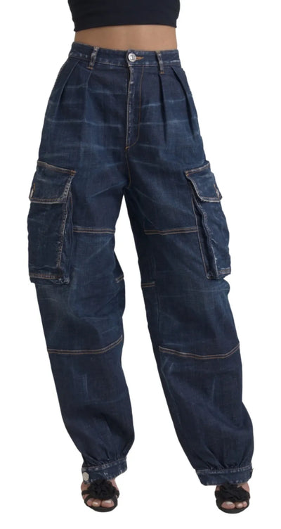 Blue High Waist Cotton Cargo Baggy Denim Jeans