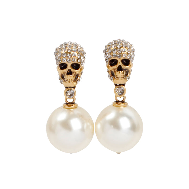 Brass Pearl Skull Earrings-1