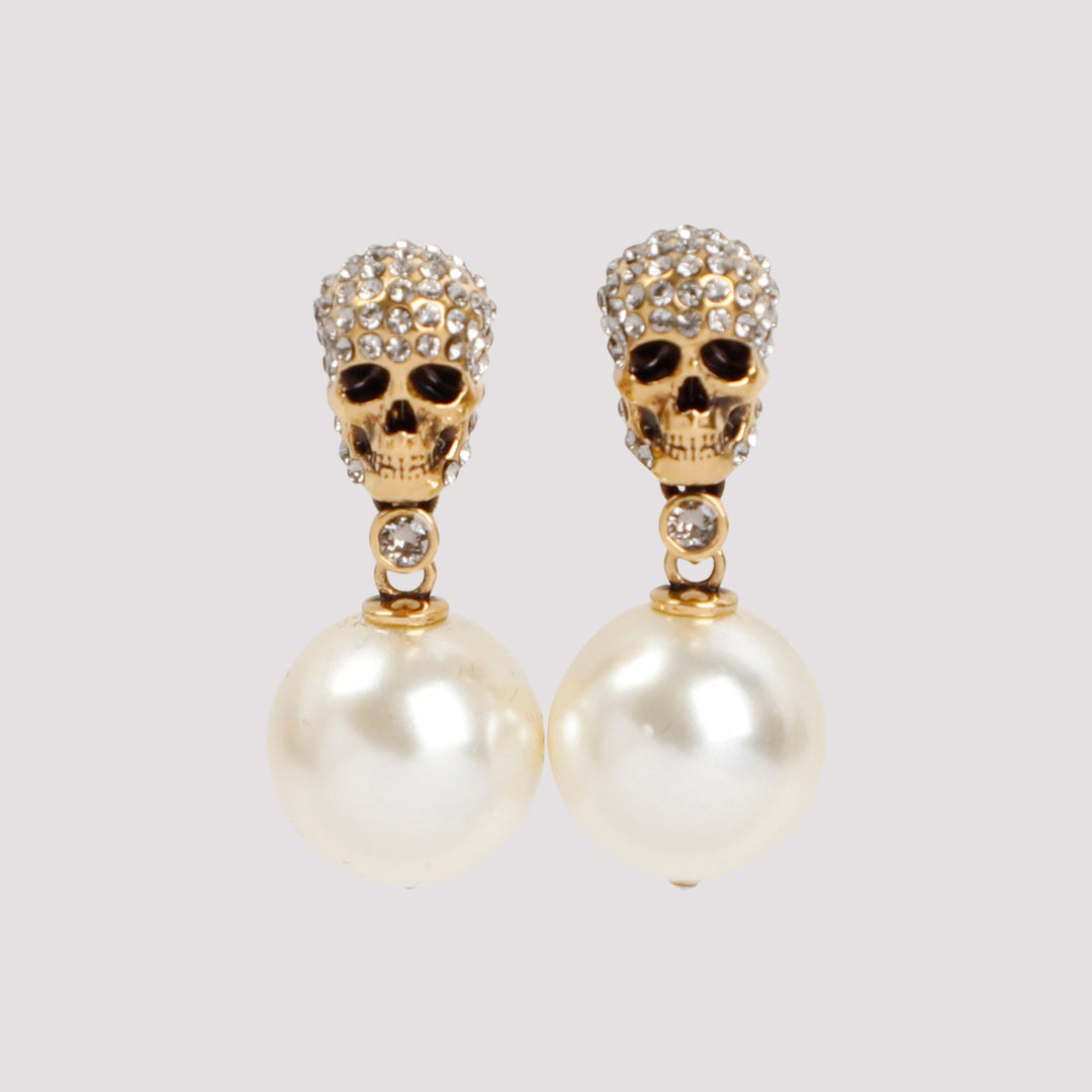 Brass Pearl Skull Earrings-2