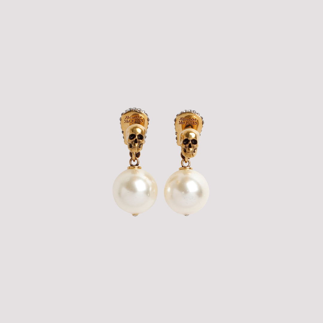 Brass Pearl Skull Earrings-3