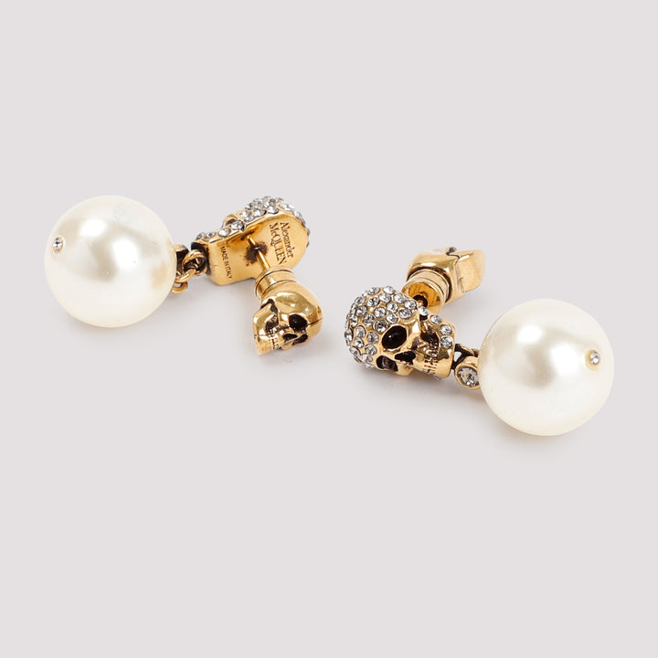 Brass Pearl Skull Earrings-4