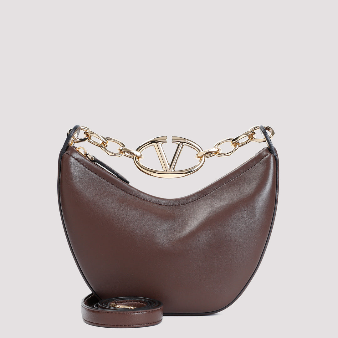 Brown V Logo Mini Calf Leather Hobo Bag-0