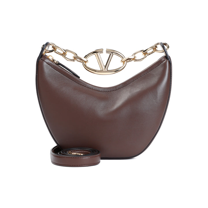 Brown V Logo Mini Calf Leather Hobo Bag-1