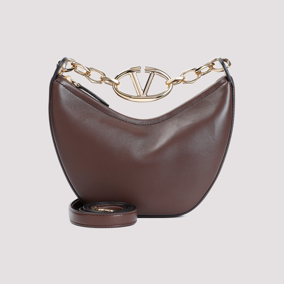 Brown V Logo Mini Calf Leather Hobo Bag-2