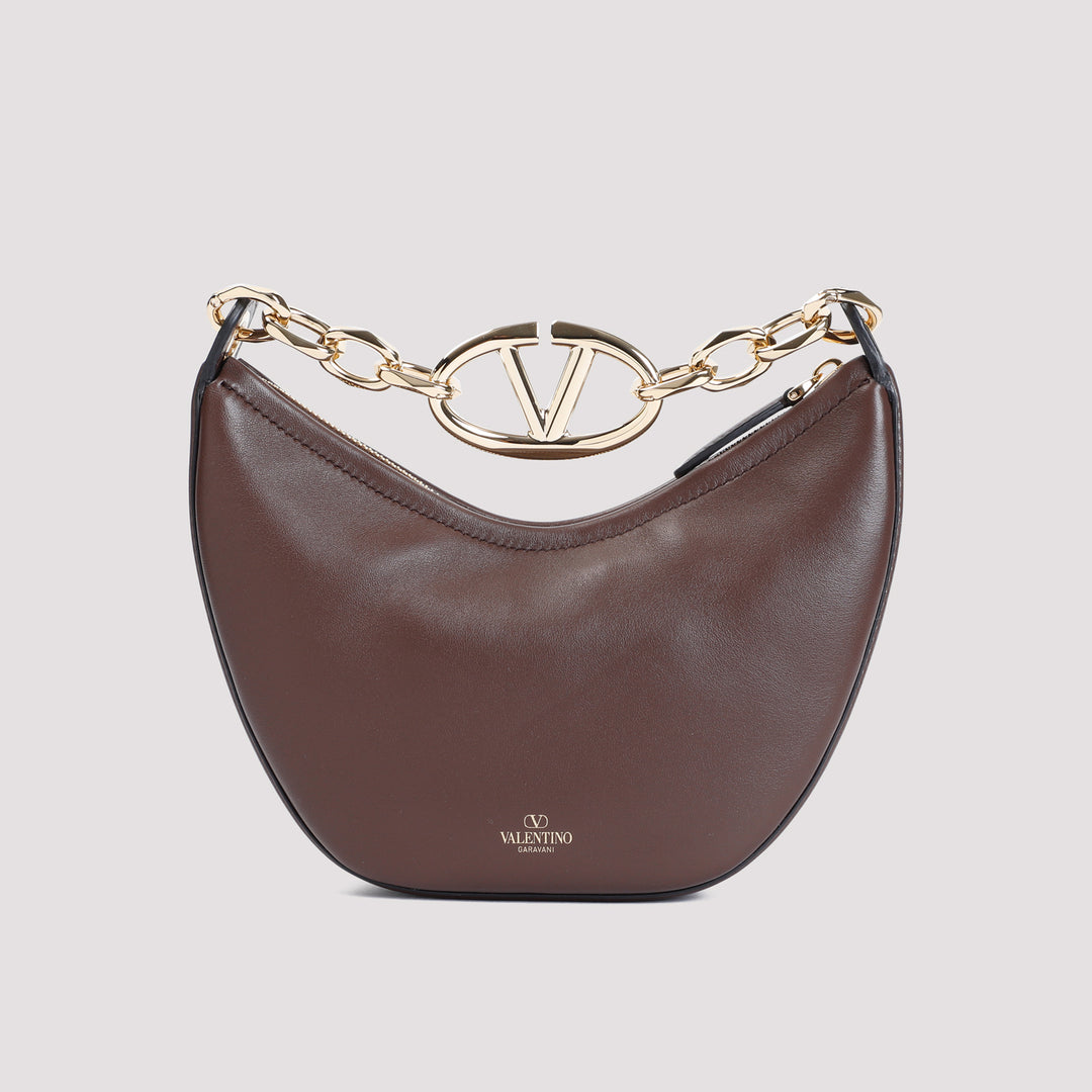 Brown V Logo Mini Calf Leather Hobo Bag-3