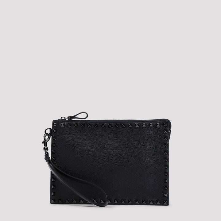 Black Grained Leather Handle Flat Pouch-0