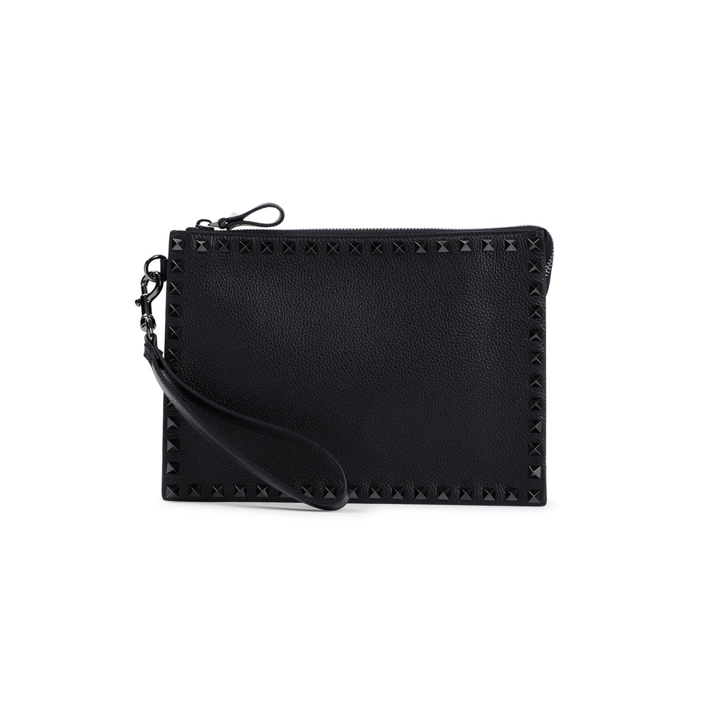 Black Grained Leather Handle Flat Pouch-1