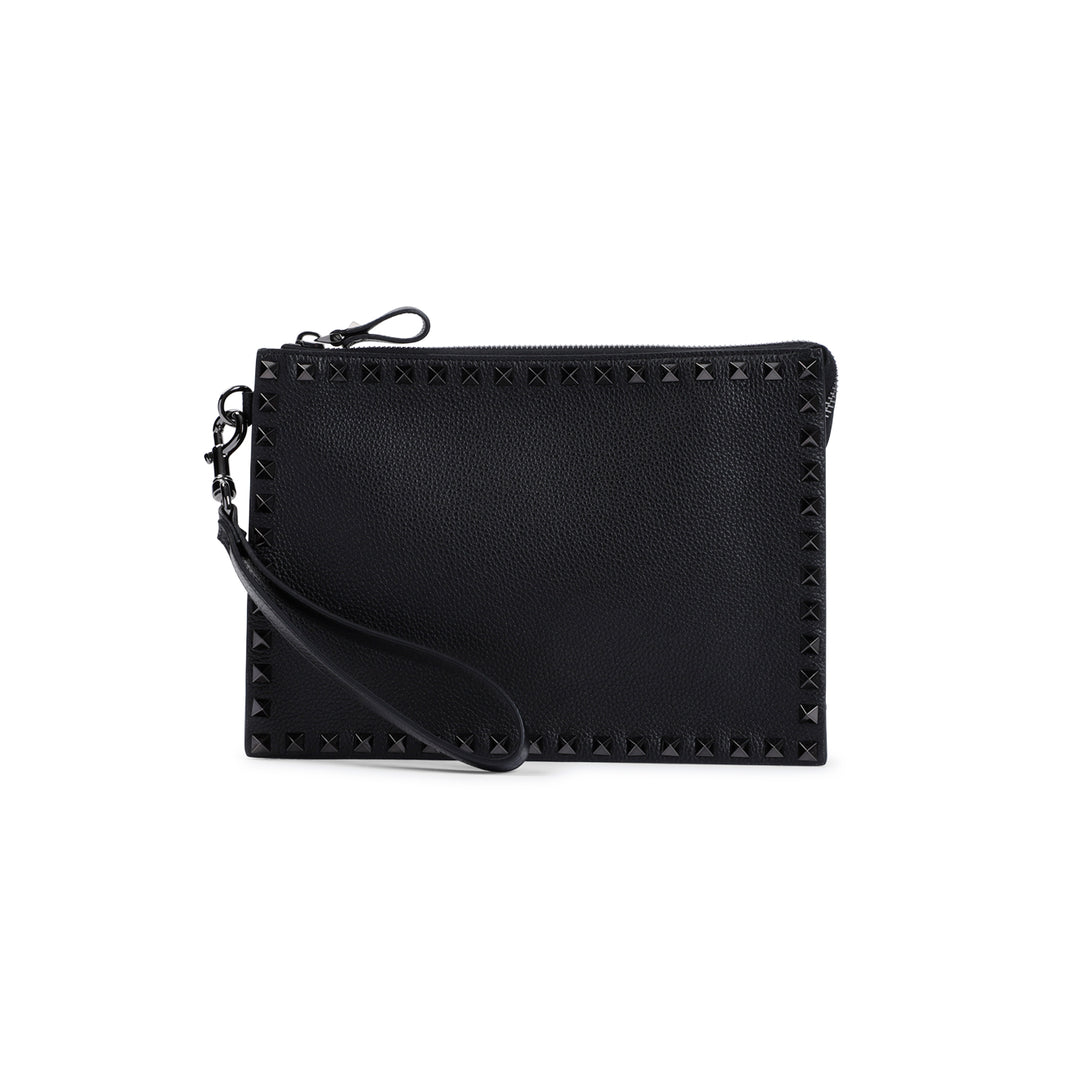 Black Grained Leather Handle Flat Pouch-1