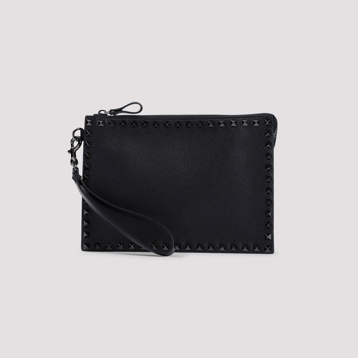 Black Grained Leather Handle Flat Pouch-2