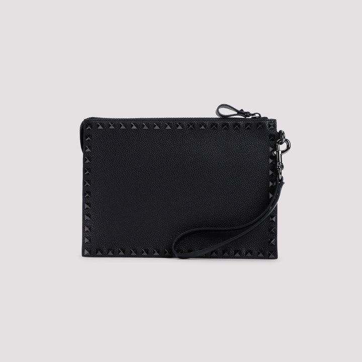 Black Grained Leather Handle Flat Pouch-3