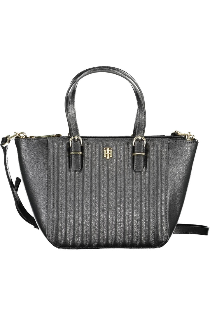 Chic Black Polyurethane Handbag with Contrasting Details