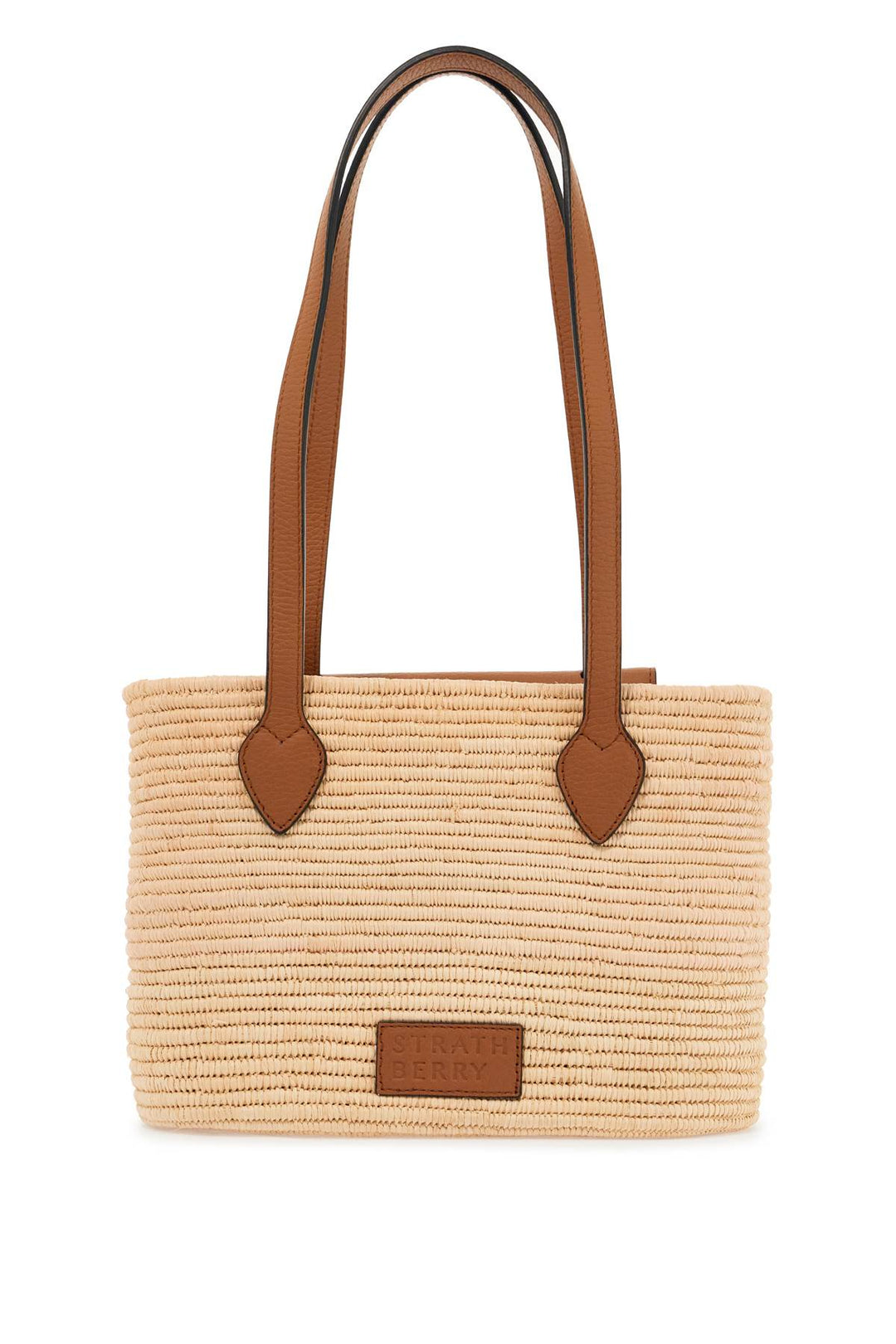 beige woven raffia bag with leather details-0