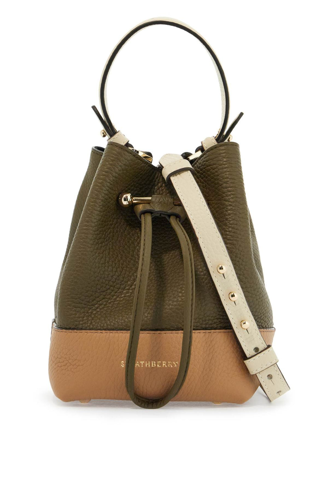 khaki and caramel calf leather bag with drawstring closure and golden finishes-0