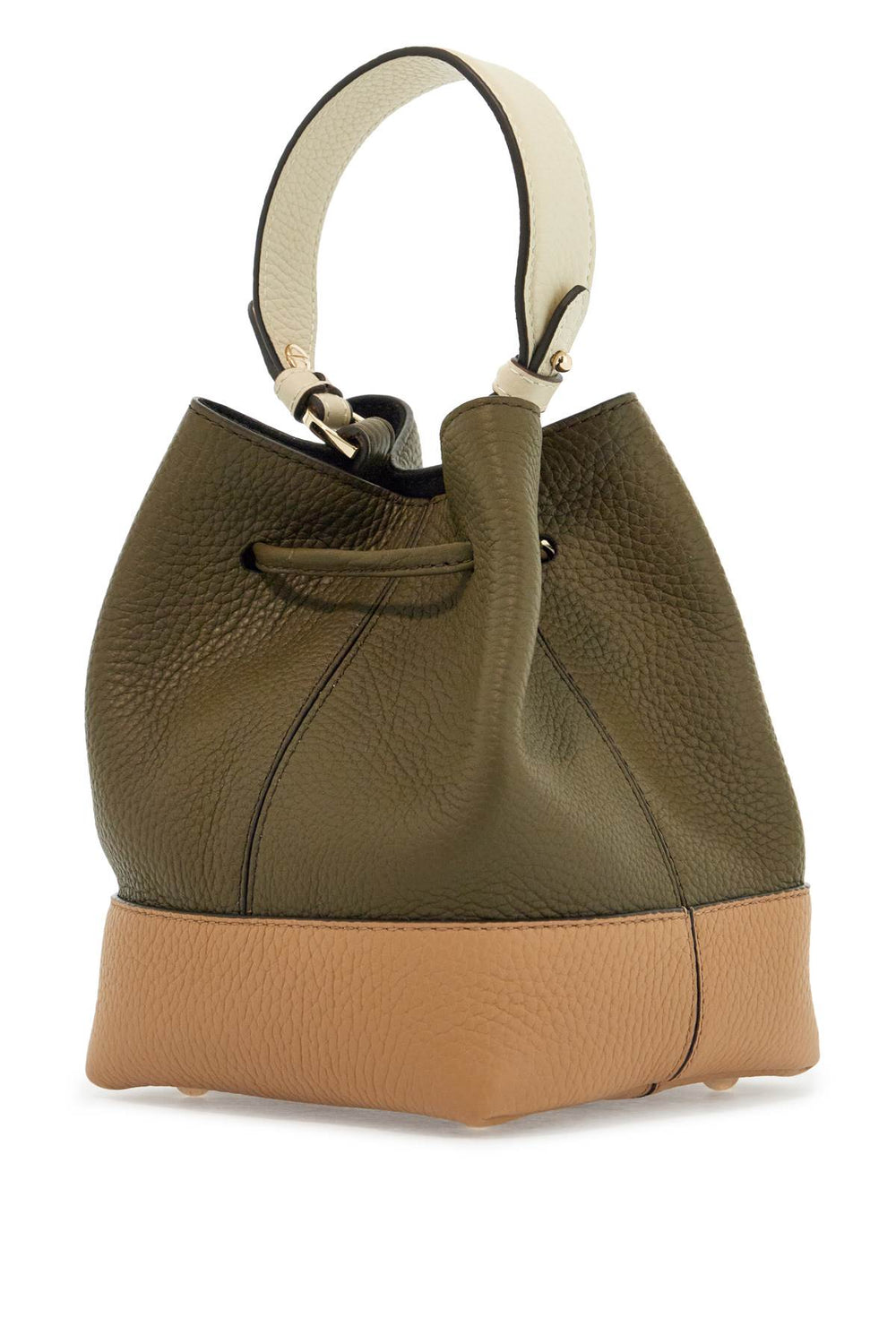 khaki and caramel calf leather bag with drawstring closure and golden finishes-1