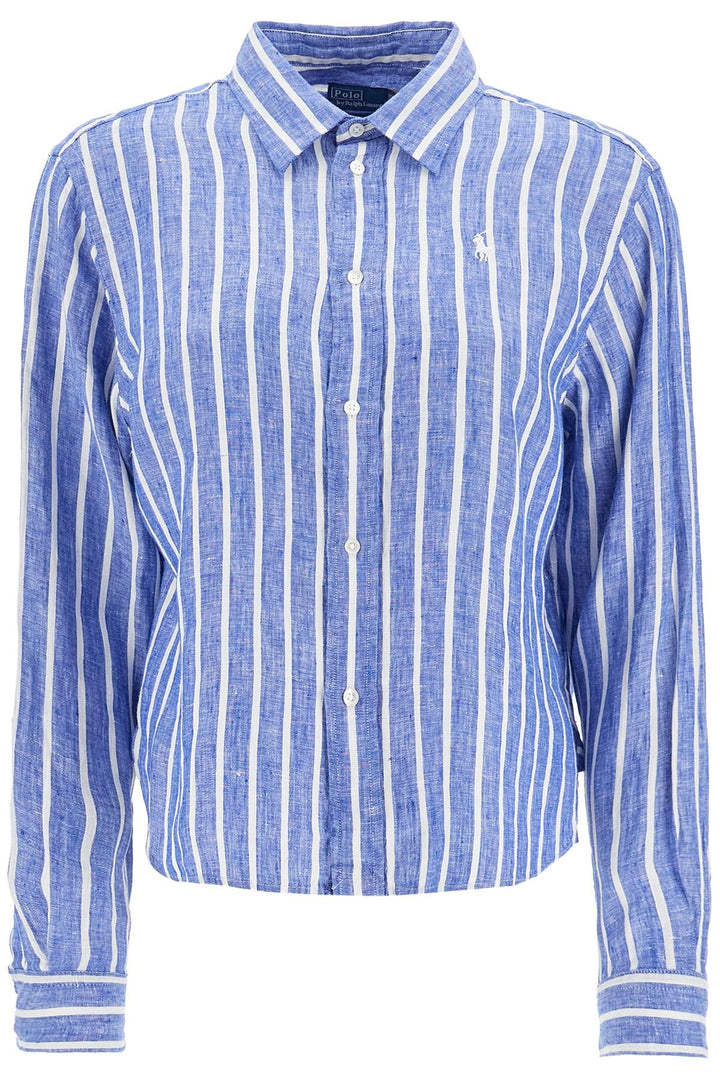 camicia lino righe blu e bianca manica lunga regular-0