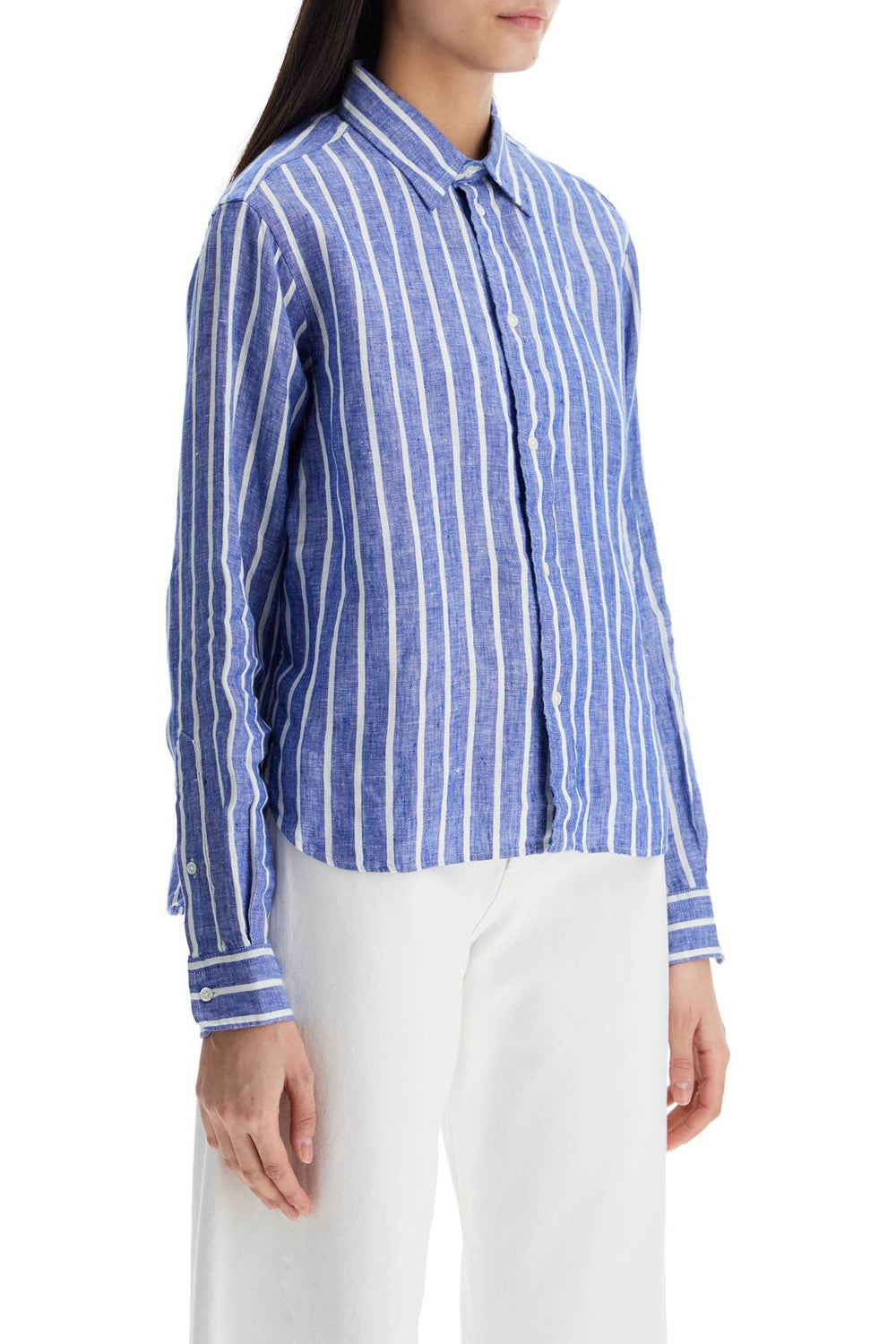 camicia lino righe blu e bianca manica lunga regular-1