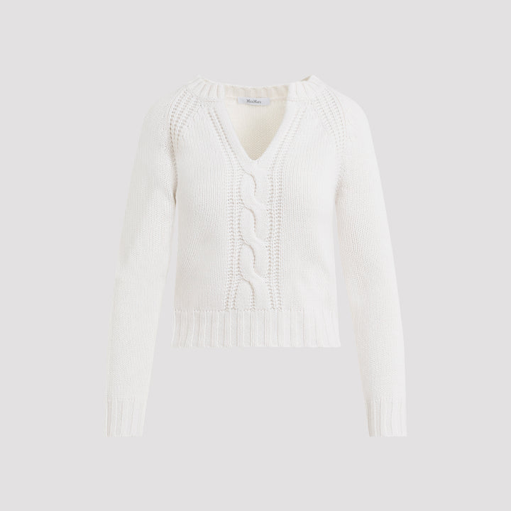 Cream White Cashmere Cancan V-Neck Cable Sweater-0