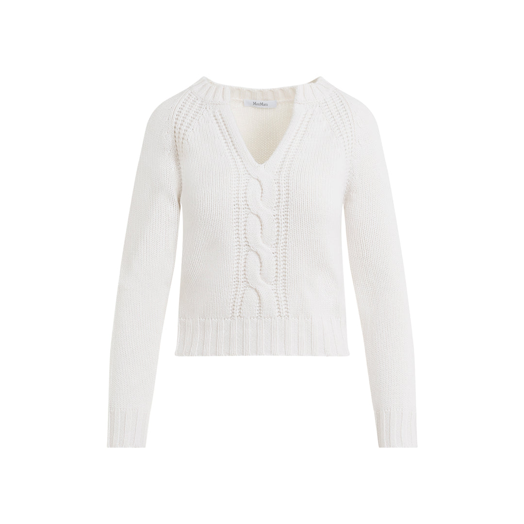 Cream White Cashmere Cancan V-Neck Cable Sweater-1