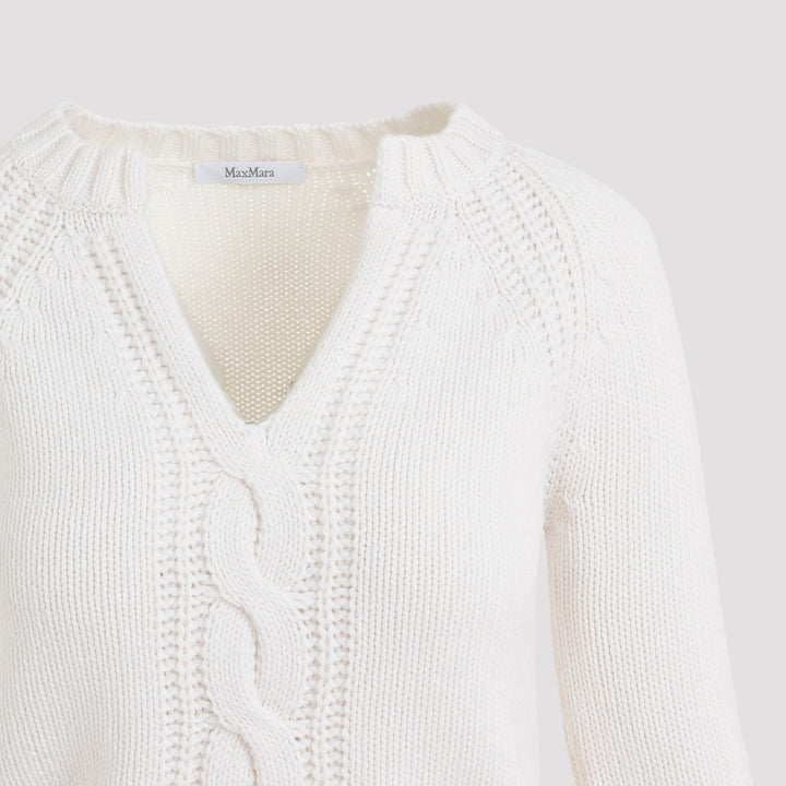 Cream White Cashmere Cancan V-Neck Cable Sweater-4