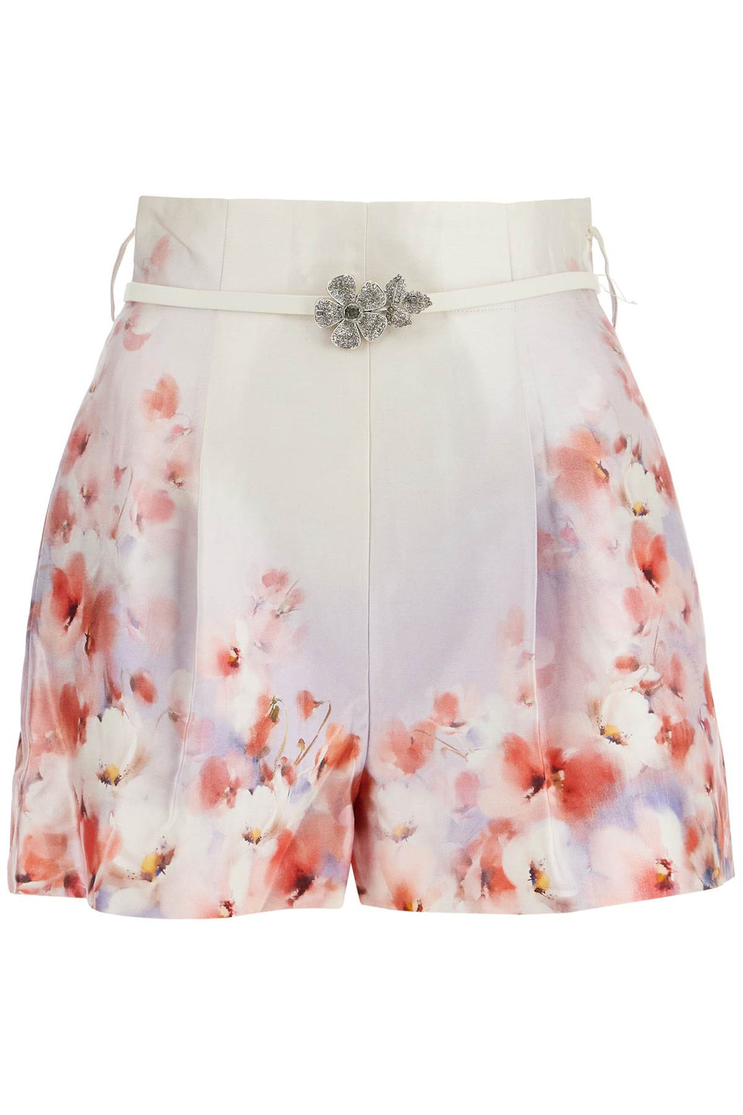 red low-waist floral silk and cotton shorts-0