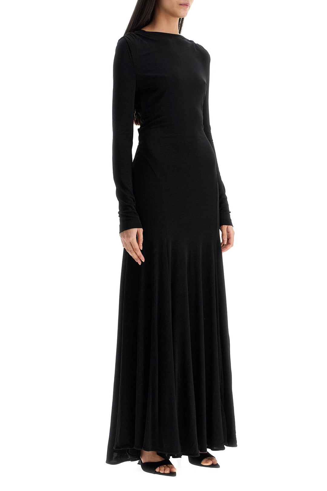 long black viscose maxi dress with copper and stone decoration-1